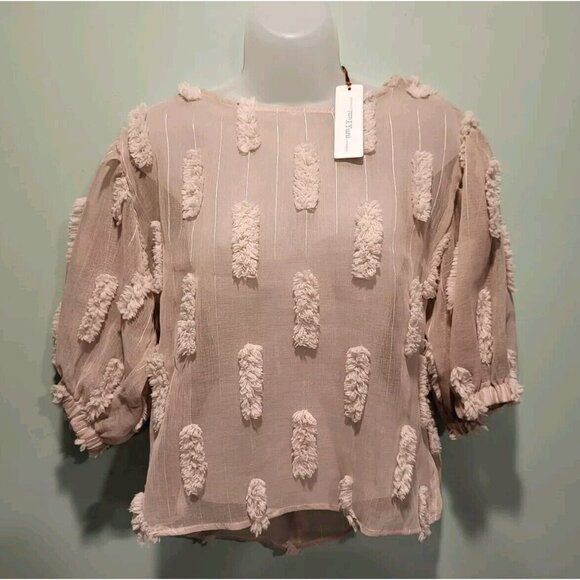 Yuni Tops - New Yuni Los Angeles Tan Sheer Puff Short Sleeve Top 3D Puff Accents Sz S